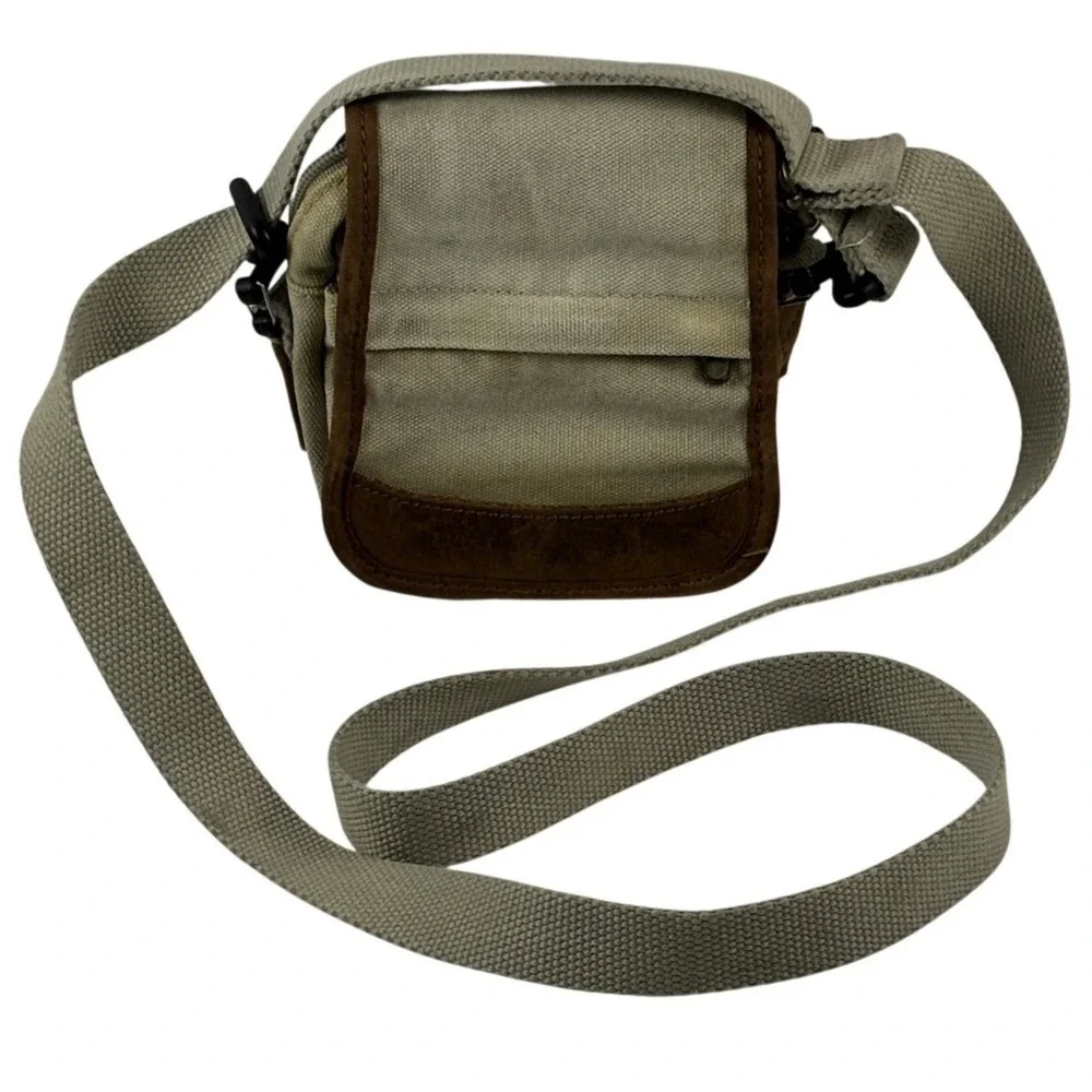 VTG L.L. Bean Canvas Crossbody Bag Small Tan Brown Leather Trim Messenger 6x6in